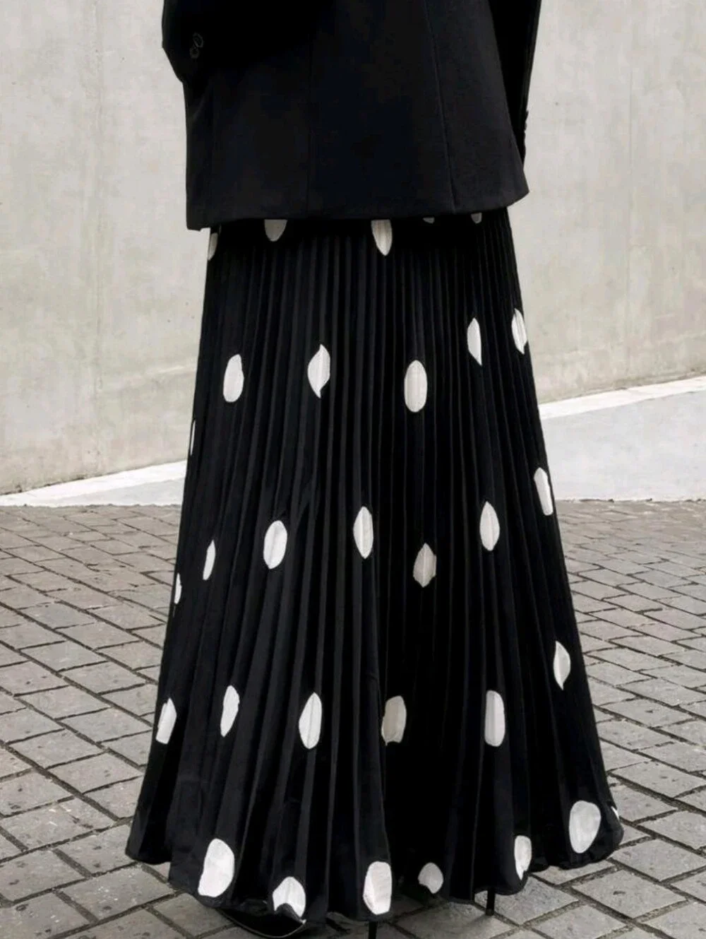 Women's Polka Dot Pleated Long Skirt, High Waist A-Line Full Skirt, Black And Wh